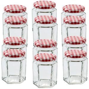 Glass Jam Jars with Lid & Labels - 280ml / 9oz Hexagonal Storage Glass Jars | Airtight Jar for Kitchen- 12 Set