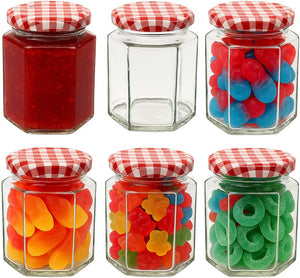 280ml Jam Jars Hexagonal Storage Glass Jars with Red Gingham/Blue Gingham/Gold Lids - Available 6 Pack/ 12 Pack/ 24 Pack