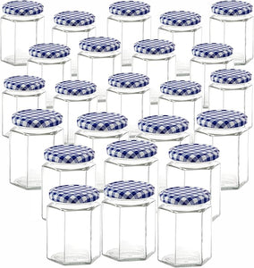 280ml Jam Jars Hexagonal Storage Glass Jars with Red Gingham/Blue Gingham/Gold Lids - Available 6 Pack/ 12 Pack/ 24 Pack
