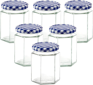 280ml Jam Jars Hexagonal Storage Glass Jars with Red Gingham/Blue Gingham/Gold Lids - Available 6 Pack/ 12 Pack/ 24 Pack