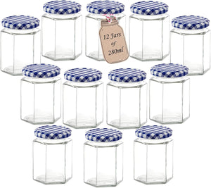 280ml Jam Jars Hexagonal Storage Glass Jars with Red Gingham/Blue Gingham/Gold Lids - Available 6 Pack/ 12 Pack/ 24 Pack