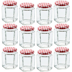 Glass Jam Jars with Lid & Labels - 280ml / 9oz Hexagonal Storage Glass Jars | Airtight Jar for Kitchen- 12 Set