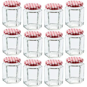 Glass Jam Jars with Lid & Labels - 280ml / 9oz Hexagonal Storage Glass Jars | Airtight Jar for Kitchen- 12 Set