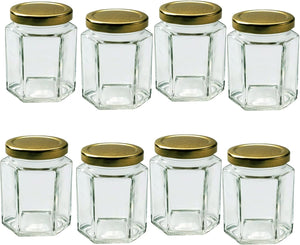 190ml / 7oz Hexagonal Storage Glass Jars with Gold Lid and Labels- Clear Airtight Jar for Kitchen Spices Honey Jam or Sweets