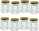 190ml / 7oz Hexagonal Storage Glass Jars with Gold Lid and Labels- Clear Airtight Jar for Kitchen Spices Honey Jam or Sweets