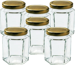 280ml Jam Jars Hexagonal Storage Glass Jars with Red Gingham/Blue Gingham/Gold Lids - Available 6 Pack/ 12 Pack/ 24 Pack