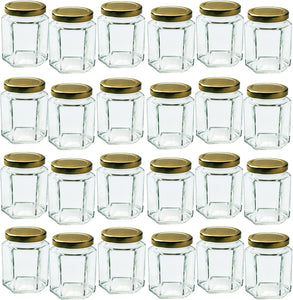 190ml / 7oz Hexagonal Storage Glass Jars with Gold Lid and Labels- Clear Airtight Jar for Kitchen Spices Honey Jam or Sweets