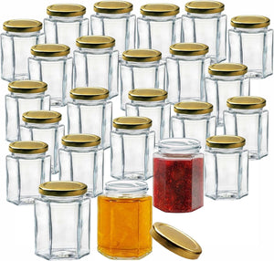 280ml Jam Jars Hexagonal Storage Glass Jars with Red Gingham/Blue Gingham/Gold Lids - Available 6 Pack/ 12 Pack/ 24 Pack