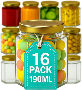 190ml / 7oz Hexagonal Storage Glass Jars with Gold Lid and Labels- Clear Airtight Jar for Kitchen Spices Honey Jam or Sweets