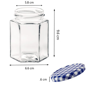 Glass Jam Jars with Lid & Labels - 280ml / 9oz Hexagonal Storage Glass Jars | Airtight Jar for Kitchen- 12 Set
