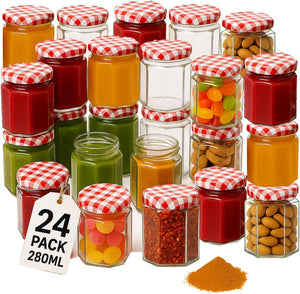 280ml Jam Jars Hexagonal Storage Glass Jars with Red Gingham/Blue Gingham/Gold Lids - Available 6 Pack/ 12 Pack/ 24 Pack