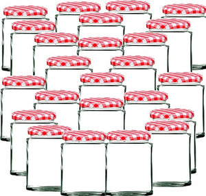 190ml / 7oz Round Glass Jars with Red Gingham Lid & Adhesive Labels Air Tight Twist Lids Reusable Canning Storage Jar for Preserves, Jelly and Herbs