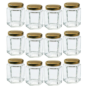 Glass Jam Jars with Lid & Labels - 280ml / 9oz Hexagonal Storage Glass Jars | Airtight Jar for Kitchen- 12 Set