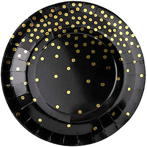 Black and Gold Party Supplies Golden Dot Disposable Dinnerware Black Gold Dot Party Decorations for Birthday, Wedding, Annivesary- SERVES 8/16/32