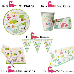 Dinosaur Party Set for Kids Birthday Celebration Dinosaur Themed Party Decoration SERVES 8/16/32- Dino Plates Cups Napkins Tablecloth Banner