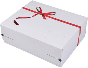 A beautiful white gift box tied with red ribbon and bow.