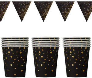 Black and Gold Party Supplies Golden Dot Disposable Dinnerware Black Gold Dot Party Decorations for Birthday, Wedding, Annivesary- SERVES 8/16/32