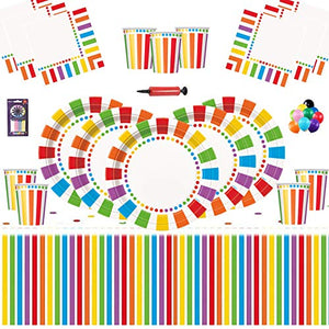 Rainbow Party Kids Birthday Decoration-Rainbow Plates Cups Napkins Table Covers Free 25 Balloons Candles Balloon Pump-16 Guests