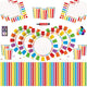 Rainbow Party Kids Birthday Decoration-Rainbow Plates Cups Napkins Table Covers Free 25 Balloons Candles Balloon Pump-16 Guests