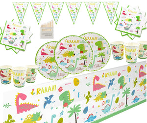 Dinosaur Party Set for Kids Birthday Celebration Dinosaur Themed Party Decoration SERVES 8/16/32- Dino Plates Cups Napkins Tablecloth Banner