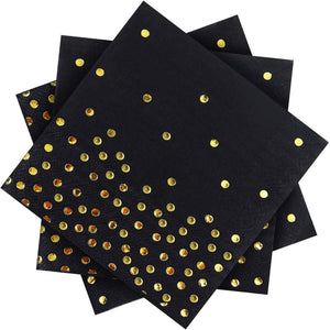 Black and Gold Party Supplies Golden Dot Disposable Dinnerware Black Gold Dot Party Decorations for Birthday, Wedding, Annivesary- SERVES 8/16/32