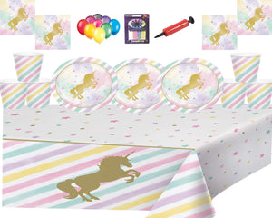 Magical Unicorn Sparkle Party Tableware-Party Plate,Cups,Napkins,Table Cover With Free Candles Balloons And Balloon Pump-8/16/32 Guests