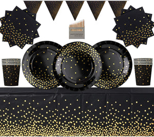 Black and Gold Party Supplies Golden Dot Disposable Dinnerware Black Gold Dot Party Decorations for Birthday, Wedding, Annivesary- SERVES 8/16/32