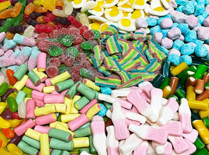 Retro Sweets Candy Box Jelly Beans, Fizzy Bubblegum Bottles, Bonbons, Fried Eggs Sweets and More
